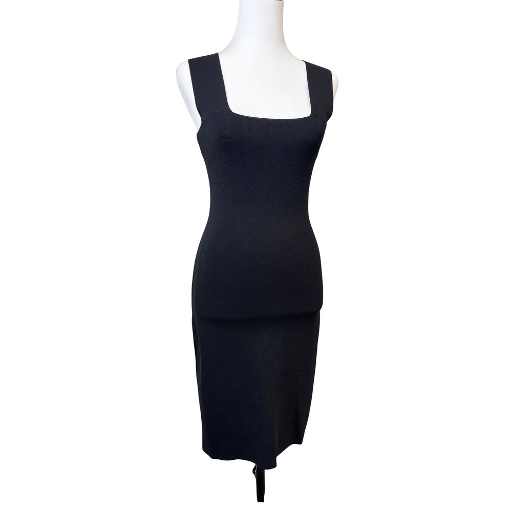 House of Harlow 1960 Black Ribbed Knit Square Neck Crossback Bodycon Midi Dress